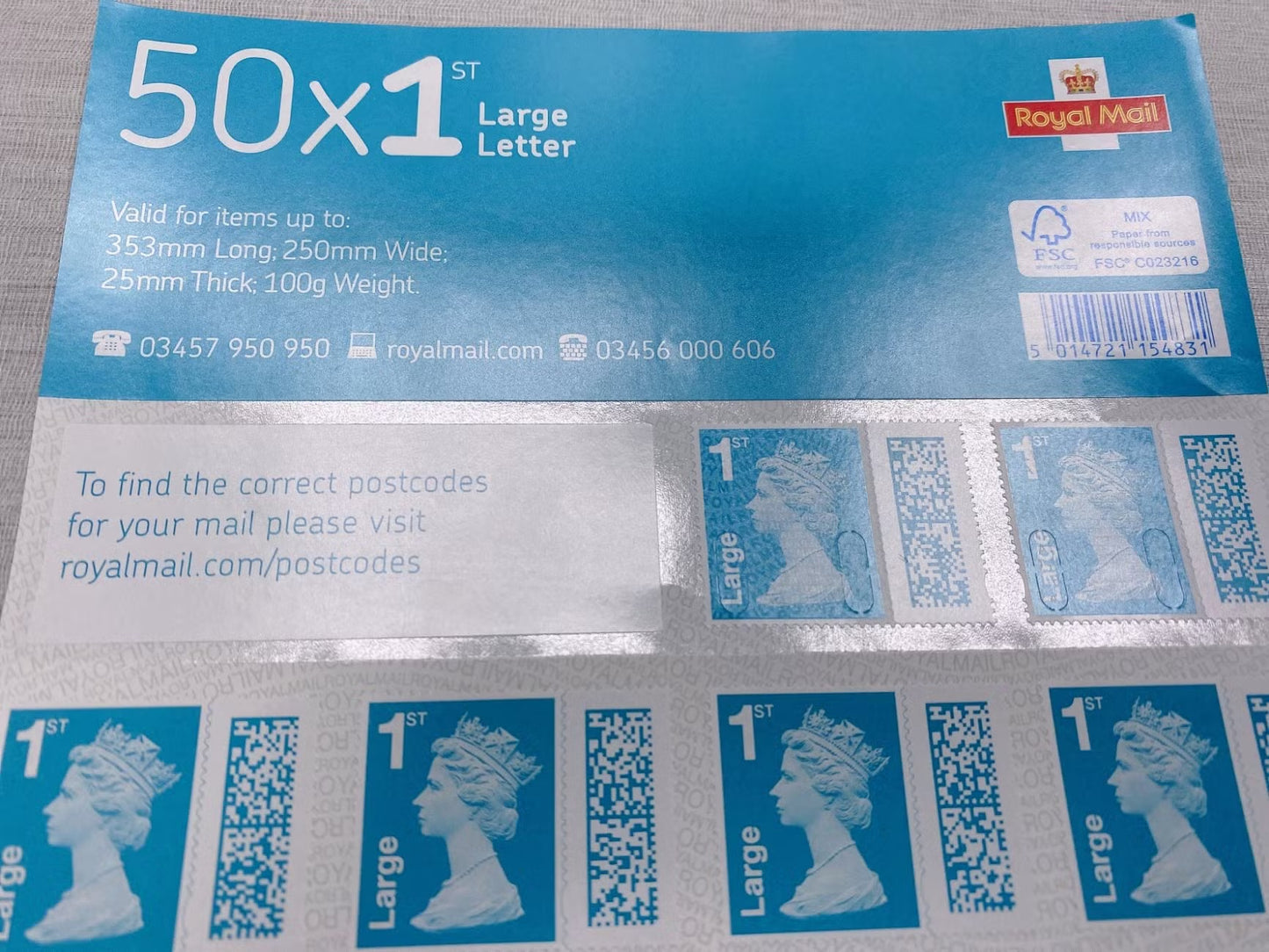 50 x 1st Class Large Letter Stamps Royal Mail First Class Large Letter Stamp Book/Sheet of 50 Stamps