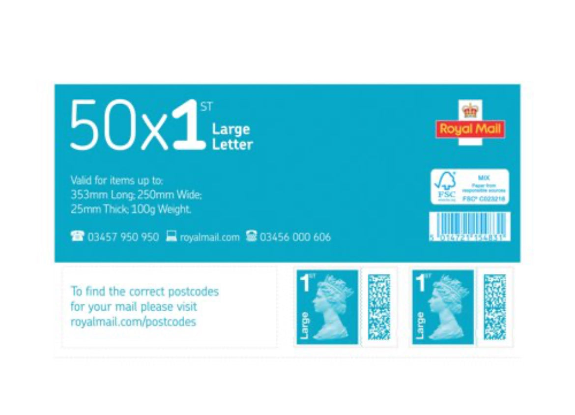 50 x 1st Class Large Letter Stamps Royal Mail First Class Large Letter Stamp Book/Sheet of 50 Stamps