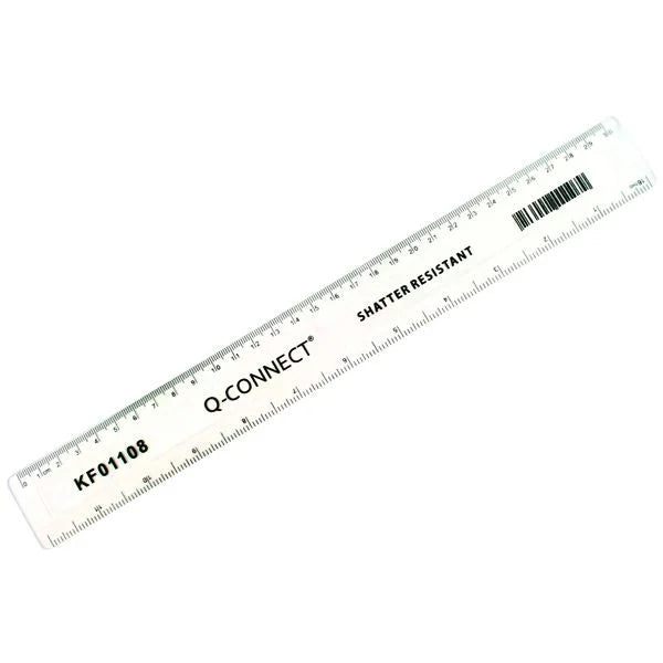Q-Connect Ruler Shatterproof 300mm Clear Cm, MM & Inches 30cm